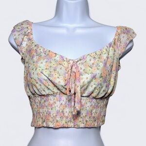 Women’s Cottagecore Ruffle Sleeve Pastel Floral Smocked Peasant Crop Blouse